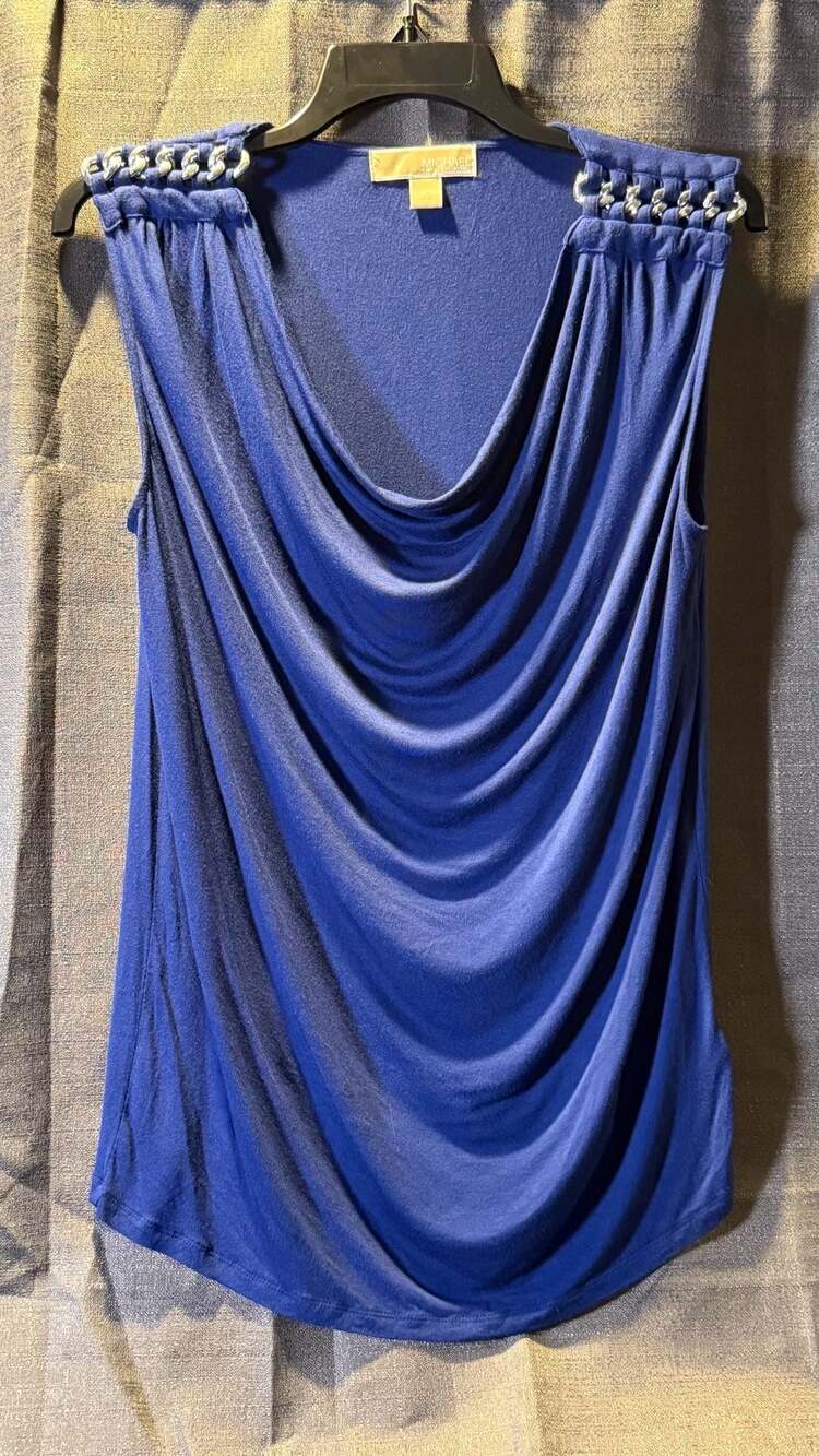 Michael Kors Royal Blue Sleeveless Cowl Neck Top w Silver Chain Shoulder Detail
